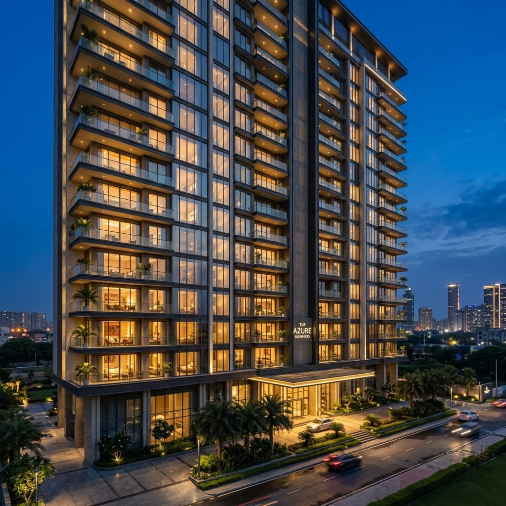 Luxury high-rise apartment building at twilight in Noida
